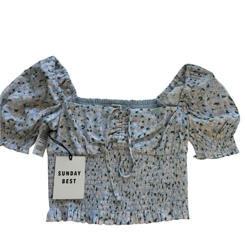 SUNDAY BEST Aritzia Sinatra Smocked Puff-Sleeve Blouse Size XS Floral Blue
